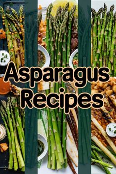 Asparagus recipes with various dishes and sauces in the background.