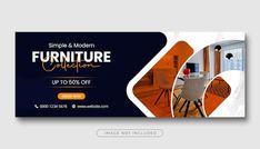 a modern furniture sale banner with an orange and black design on the front, along with a dining room in the background