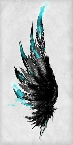 a black and blue feather flying through the air