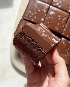 a hand holding a piece of chocolate cake