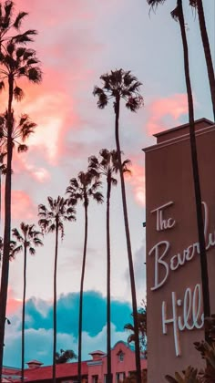 palm trees line the street in front of a pink and blue sky with clouds above