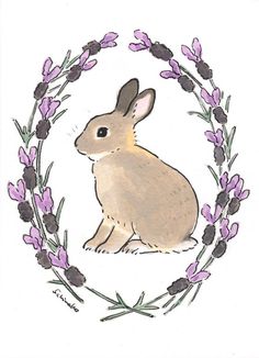 a drawing of a rabbit surrounded by purple flowers