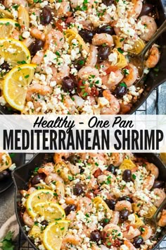 a skillet filled with mediterranean shrimp and olives, topped with feta cheese