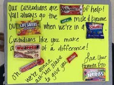 a bulletin board with candy bars on it