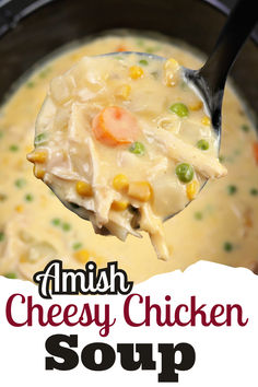 a spoon full of chicken soup with the words amish cheesy chicken soup on it