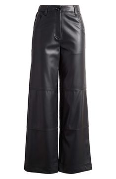 Achieve the perfect silhouette in these high-waist pants elevated in sleek faux leather and punctuated with wide hems. 30" inseam; 20" leg opening; 12" front rise; 16" back rise (size 8) Zip fly with button closure Front scoop pockets 100% polyester with 100% polyurethane coating Machine wash, dry flat Imported Leather Pants High Waisted, Faux Leather Wide Leg Pants For Fall, Sleek Wide-leg Leather Pants For Fall, Sleek Wide Leg Leather Pants For Spring, Leather Wide Leg Pants For Fall, Fall Leather Wide Leg Pants, Faux Leather Wide-leg Pants For Fall, Fall Wide-leg Faux Leather Pants, Wide Leg Faux Leather Work Pants