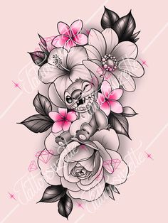 a tattoo design with flowers and a teddy bear on the back of its head, in pink