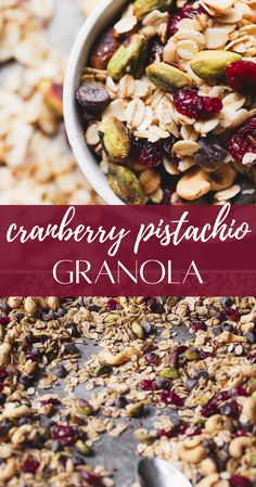 cranberry pistachio granola in a bowl with a spoon next to it