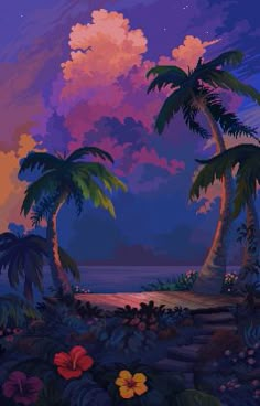 a painting of two palm trees in front of the ocean at night with colorful clouds