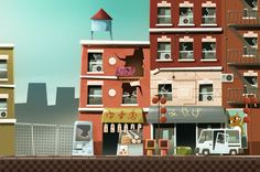 an animated city scene with buildings and cars