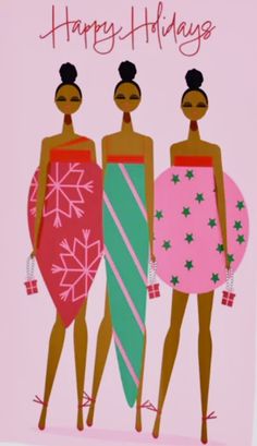 three women in bathing suits holding surfboards on a pink background with the words happy holidays