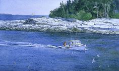 a painting of a boat in the water near some rocks and trees with seagulls flying around