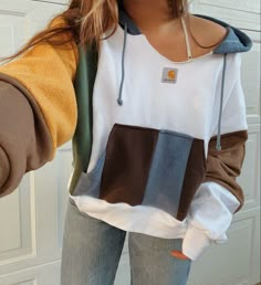 Diy Carhartt Hoodie, Patchwork Fleece Hoodie, Patchwork Carhartt, Clothing Rework, Hoodie Rework