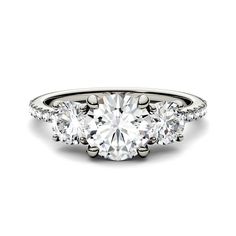 three stone diamond engagement ring in 18k white gold with diamonds on the band and sidestones