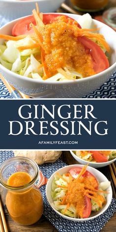 a bowl filled with salad and dressing on top of a blue table cloth next to two bowls