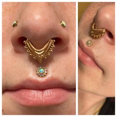 two pictures of the same person with different piercings on their nose, and one is wearing