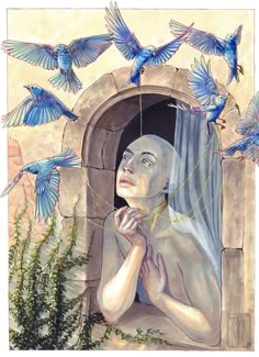 a painting of a woman with blue birds flying around her and looking out the window