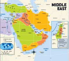 a map of middle east showing the location of major cities and their respective roads in different colors