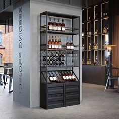 an empty wine shop with shelves full of bottles