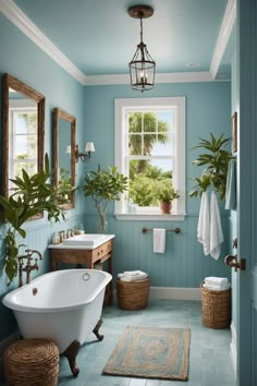 a bathroom with blue walls and white fixtures