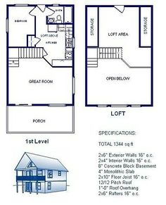 the floor plan for a two story house with lofts and an attached kitchen area