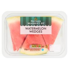 sliced watermelon wedges in a plastic container on a white background with the label marked market st