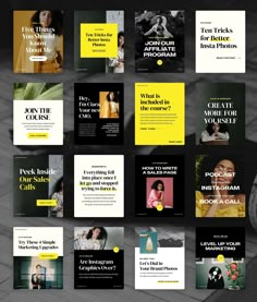 a collage of yellow and black book covers