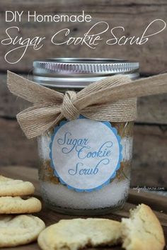 homemade sugar cookie scrub in a jar with cookies around it and the label on top