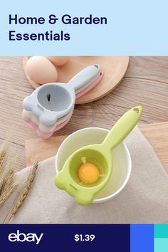 an egg is in a bowl next to some eggs on a wooden table with utensils