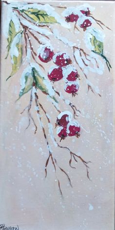 a painting with red berries and snow on it