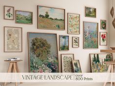 an assortment of vintage landscape paintings on the wall