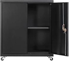 a black cabinet with two doors open on casteors and wheels in front of it