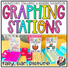 a table topped with lots of stationery items and text reading graphing stations for kids