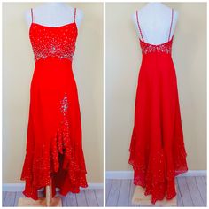 Incredible Alyce Designs dress set. Cherry red chiffon. Scattered, intricate beading throughout the dress. Spaghetti straps. Mermaid tail fit, ruffled hem, high low. Back zipper closure. Matching chiffon scarf.  Condition: Great! No flaws to note. Measurements: Tag Size 4 Bust: 34-36" Waist: 26" Hips: 40" Length: 48" in front. 59" in the back.  ---------- Policies: I do not accept ANY returns currently. Please read the description in detail and ask any and all questions before you purchase. Howe Gown With Scarf, Red V-neck Sundress With Ruffles, Designs Dress, Intricate Beading, Red Chiffon, Y2k Vintage, Chiffon Scarf, Mermaid Tail, Dress Vintage