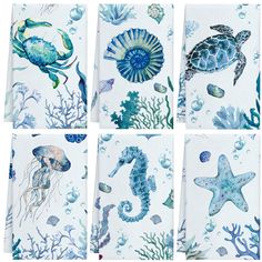 four pictures of sea animals and seashells on white paper with blue watercolor paint