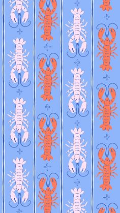 a blue and orange striped pattern with lobsters on it