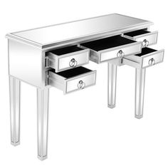 a mirrored desk with two drawers and one drawer on the bottom, in front of a white background