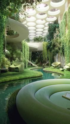 the interior of a modern building with green plants and greenery on the walls, along with an artificial pool