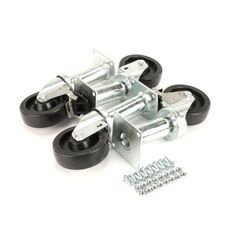 four black casteors with wheels and screws on white background, close up photo