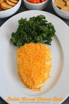 a white plate topped with cheese next to bowls of crackers and veggies