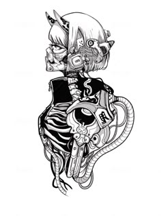 a black and white drawing of a skeleton girl