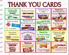 an image of thank you cards with candy and candies on them for someone's birthday