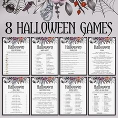 the 8 halloween games for kids to play on their own table is shown in black and white