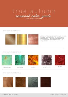 Guide to the True Autumn Seasonal Color Palette | The Aligned Lover Warm Autumn Color Palette Makeup, True Autumn Colors, Season Analysis, Autumn Dark