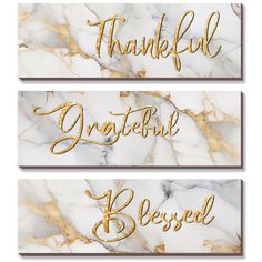 three gold and white marble signs with the words thank, grateful, beseld