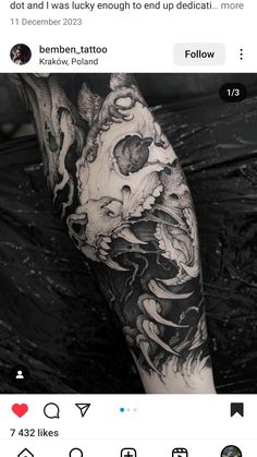 a person with a black and white tattoo on their arm is shown in an instagramture