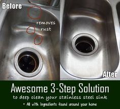 two stainless steel sinks with the words awesome 3 step solution to clean your stainless steel sink