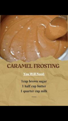 caramel frosting in a white bowl on top of a piece of brown paper