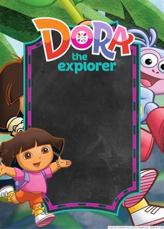 dora the explorer is holding a blackboard in front of him and his friend dora