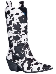 Live A Little Black/White Cow Puncher Print Hair On Hide Boots (DS) DP - Lil Bee's Bohemian Cow Boots, Dingo Boots, Embroidery Boots, Chelsea Shoes, Dan Post Boots, Rough Heels, Trendy Boots, Western Boots Women, Pointed Toe Boots